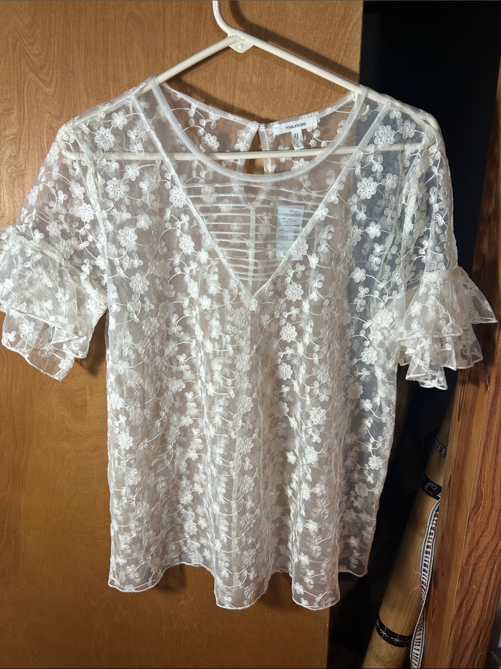 Maurices White Sheer Floral Lace V-Neck Ruffle Sleeve Top